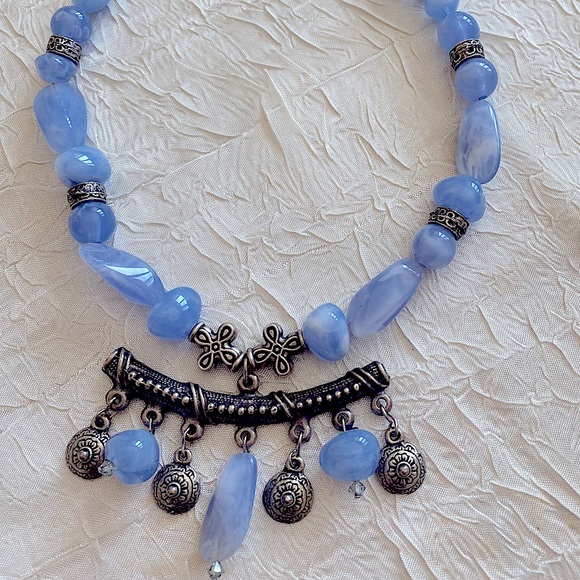 Hand Made Blue and Silver Beaded Necklace - Picture 1 of 4